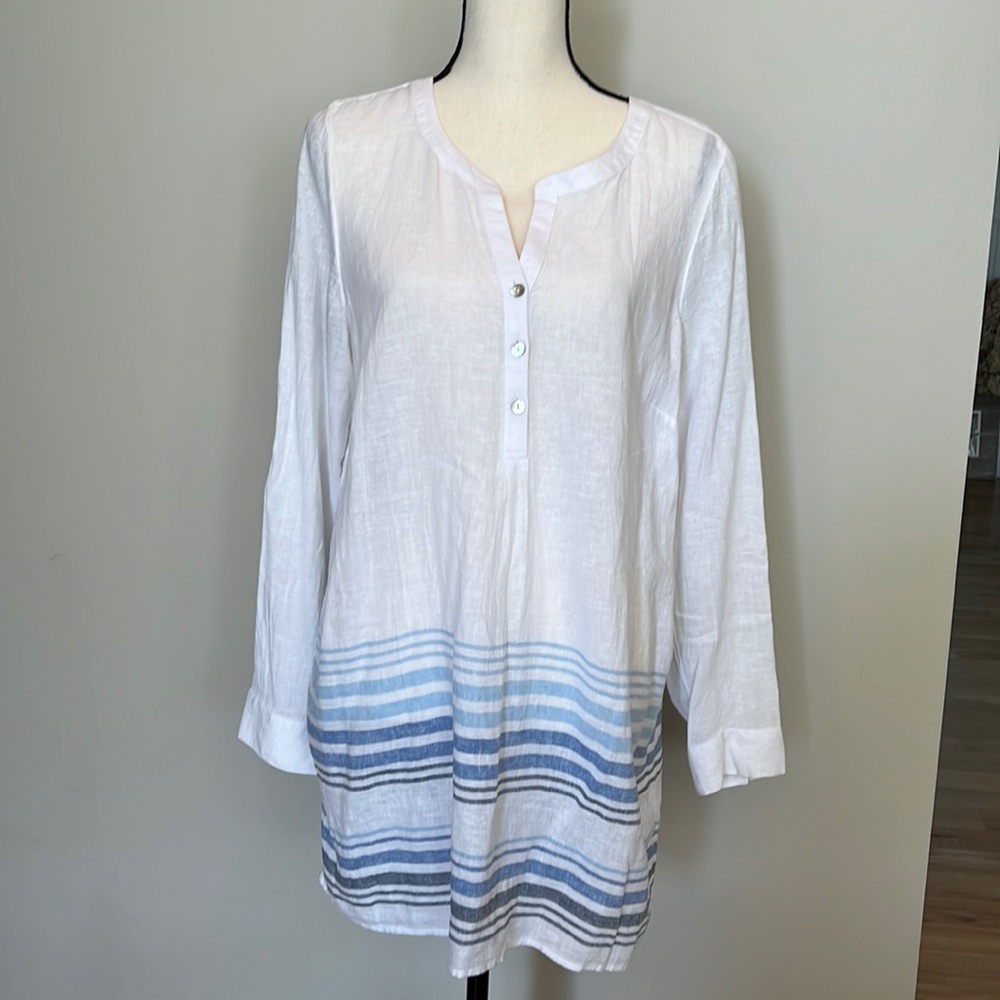 J Jill linen-blend white tunic blouse with blue stripes, size M, NWT